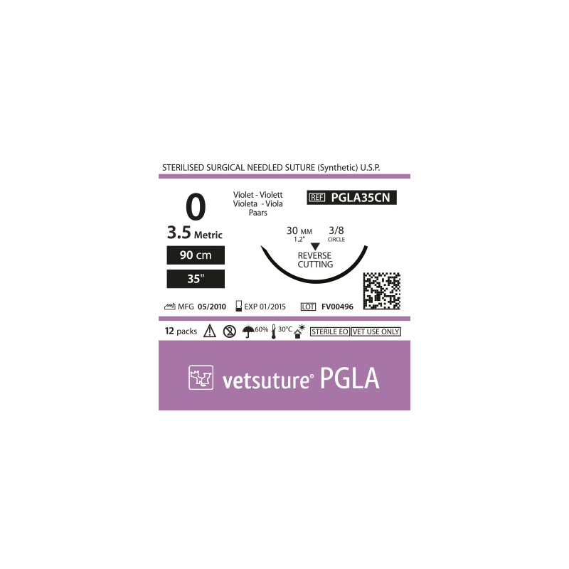 image: Vetsuture PGLA metric 3,5 (USP 0) 90cm   -  Curved needle 3/8 30mm Reverse Cutting Point