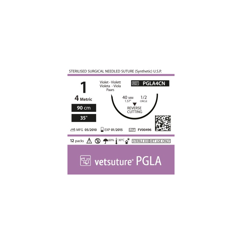 Vetsuture PGLA metric 4 (USP 1) 90cm - Aiguille courbe 1/2 40mm Reverse Cutting Point