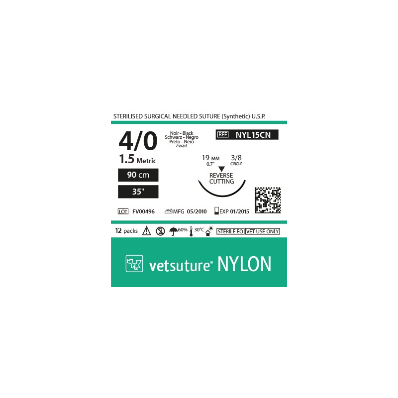 vetsuture NYLON metric 1,5 (USP 4/0) 90cm - Aiguille courbe 3/8 19mm Reverse Cutting Point