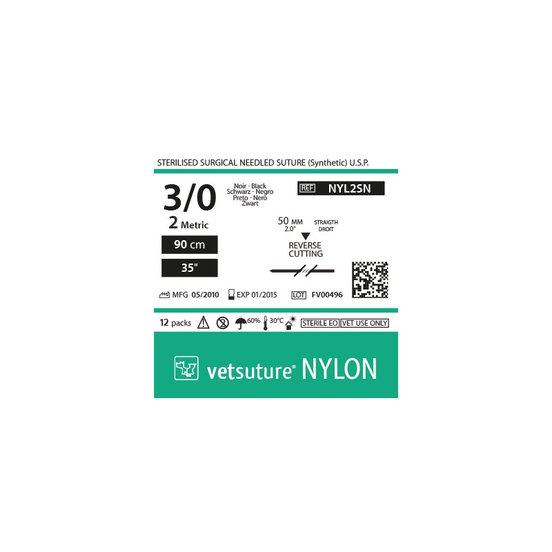 vetsuture NYLON metric 2 (USP 3/0) 90cm - Aiguille 50mm Reverse Cutting Point