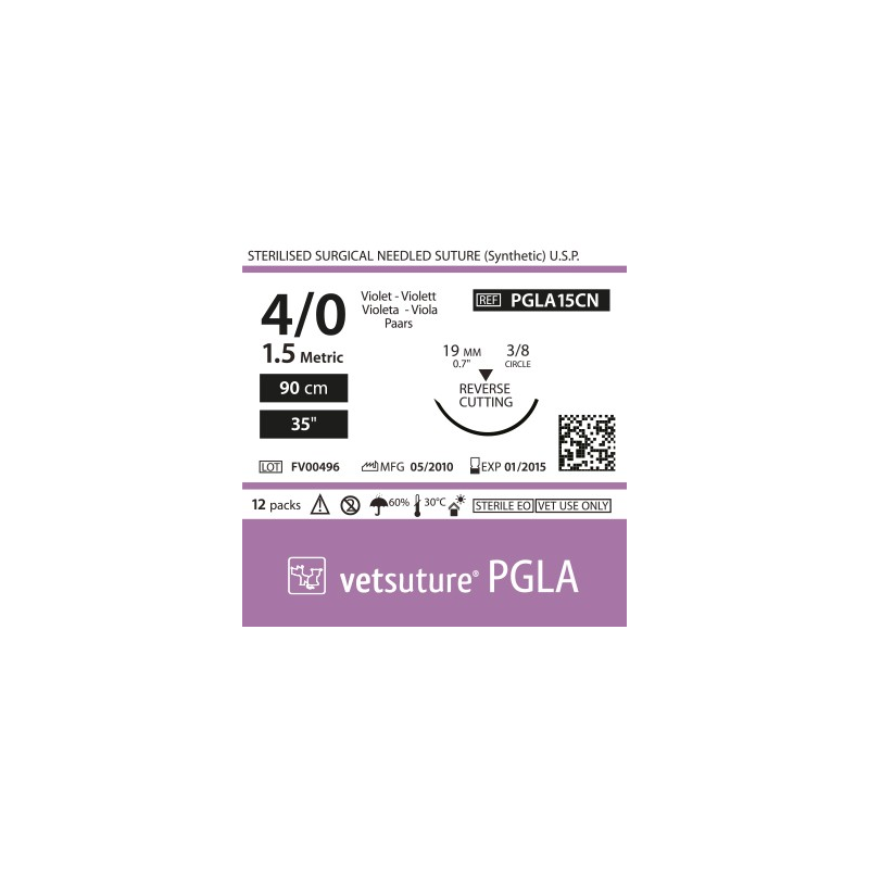 Vetsuture PGLA metric 1.5 (USP 4/0) 90cm - Aiguille courbe 3/8 19mm Reverse Cutting Point