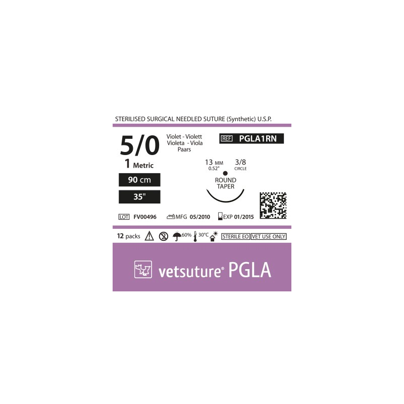 image: Vetsuture PGLA metric 1 (USP 5/0) 90cm   - Curved needle  3/8 13mm Round Taper Point