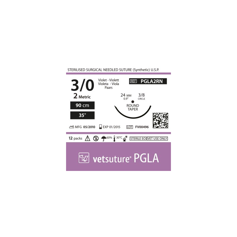 Vetsuture PGLA metric 2 (USP 3/0) 90cm - Aiguille courbe 3/8 24mm Round Taper Point