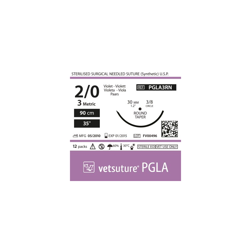 Vetsuture PGLA metric 3 (USP 2/0) 90cm - Aiguille courbe 3/8 30mm Round Taper Point