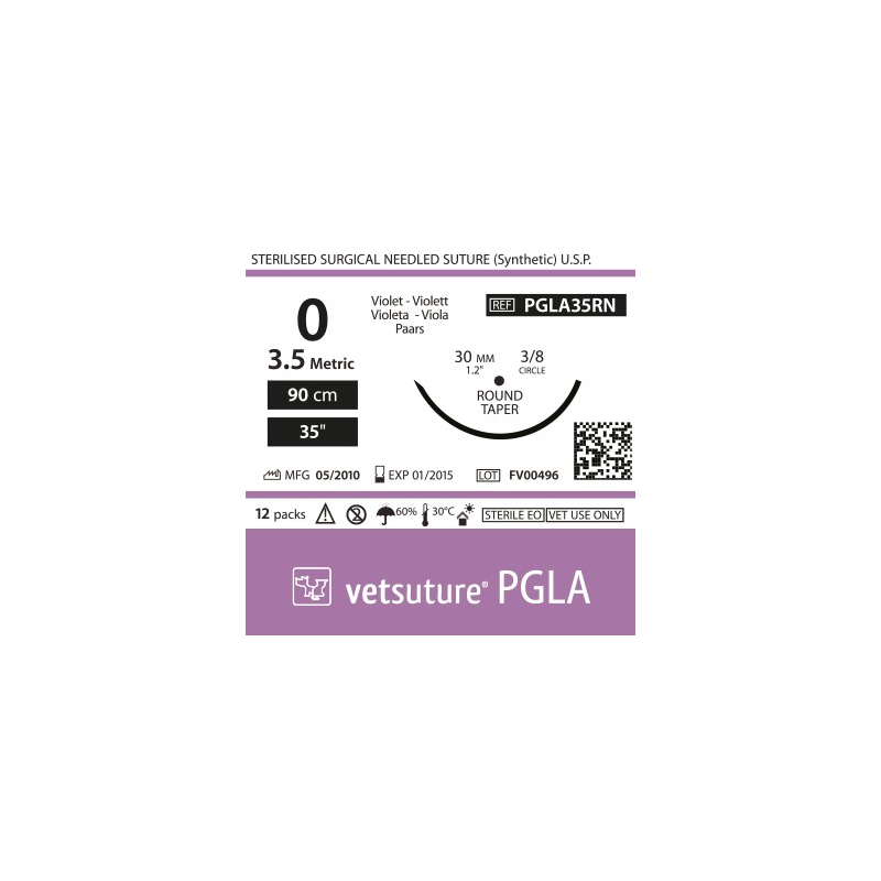image: Vetsuture PGLA metric 3,5 (USP 0) 90cm   - Curved needle  3/8 30mm Round Taper Point