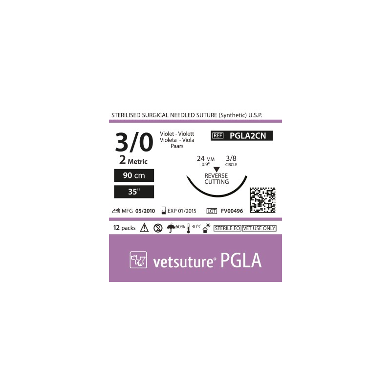 Vetsuture PGLA metric 2 (USP 3/0) 90cm - Aiguille courbe 3/8 24mm Reverse Cutting Point