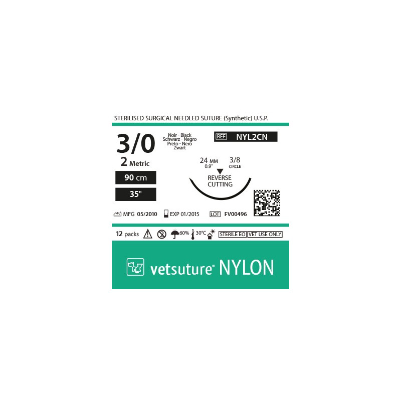 vetsuture NYLON metric 2 (USP 3/0) 90cm - Aiguille courbe 3/8 24mm Reverse Cutting Point
