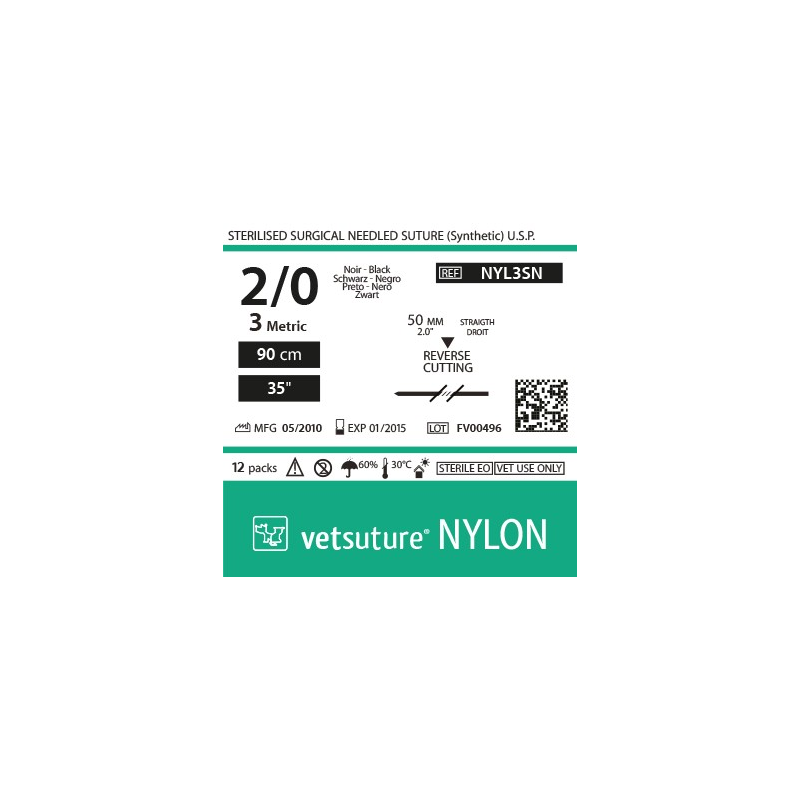 vetsuture NYLON metric 3 (USP 2/0) 90cm - Aiguille 50mm Reverse Cutting Point
