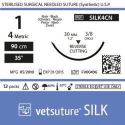 image: Vetsuture SILK metric 4 (USP 1) 90cm   -  Curved needle  3/8 30mm Reverse Cutting Point