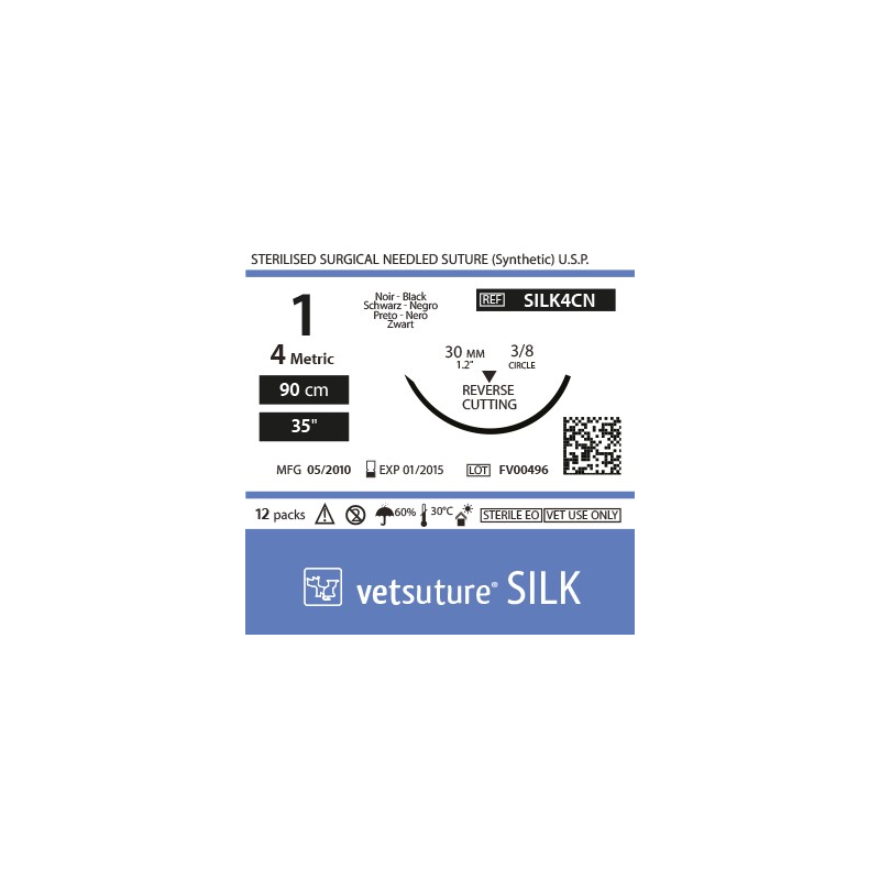 Vetsuture SILK metric 4 (USP 1) 90cm - Aiguille courbe 3/8 30mm Reverse Cutting Point