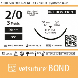 Vetsuture BOND metric 3 (USP 2/0) 90cm - Aiguille courbe 3/8 30mm Reverse Cutting Point