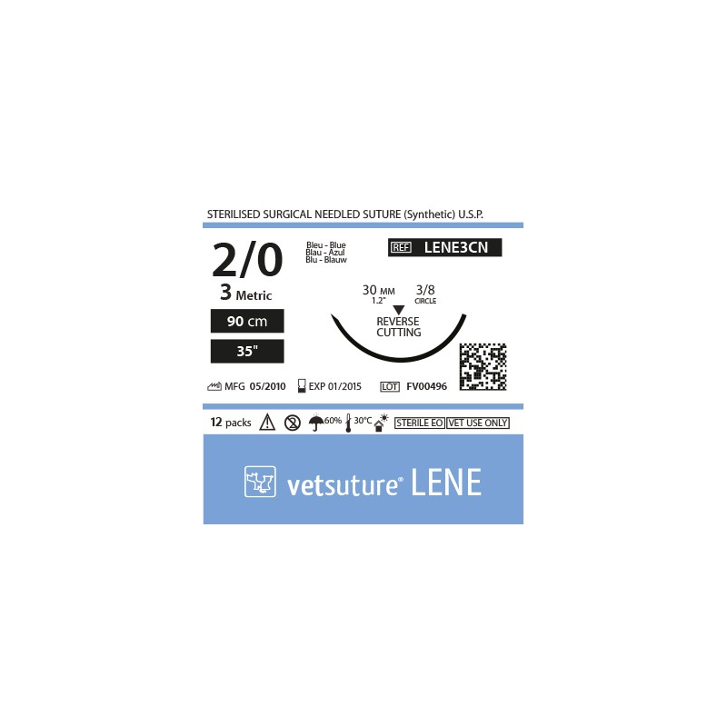 Vetsuture LENE metric 3 (USP 2/0) 90cm - Aiguille courbe 3/8 30mm Reverse Cutting Point