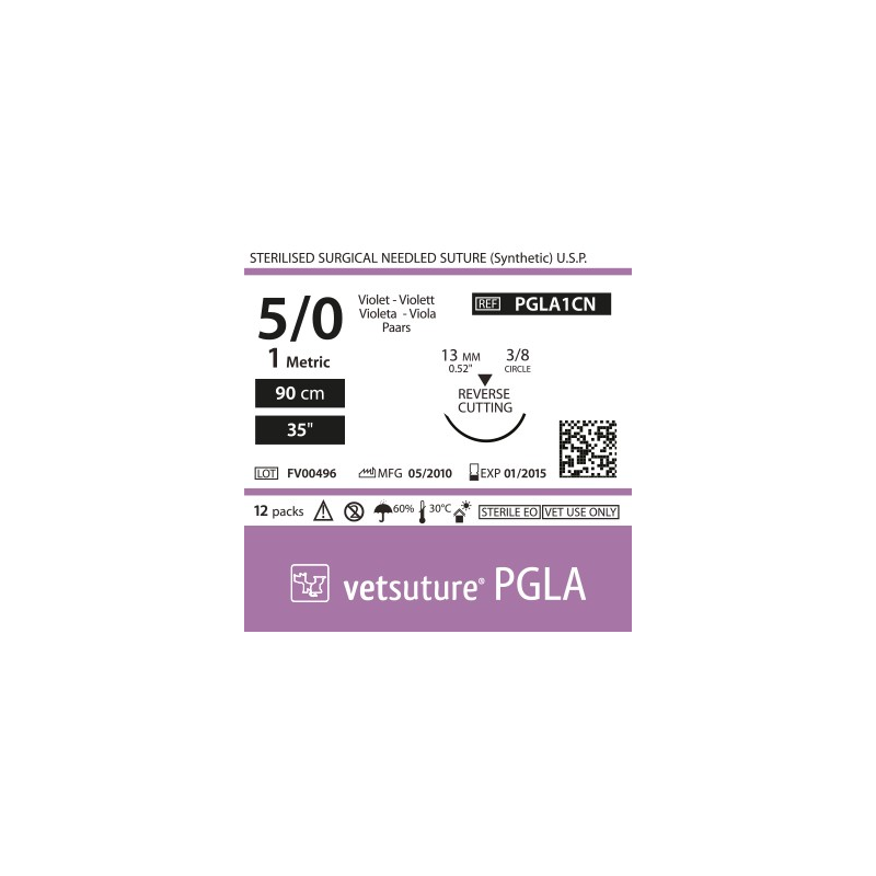 Vetsuture PGLA metric 1 (USP 5/0) 90cm - Aiguille courbe 3/8 13mm Reverse Cutting Point