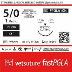 Vetsuture fastPGLA metric 1 (USP 5/0) 90cm - Aiguille courbe 3/8 13mm Reverse Cutting Point