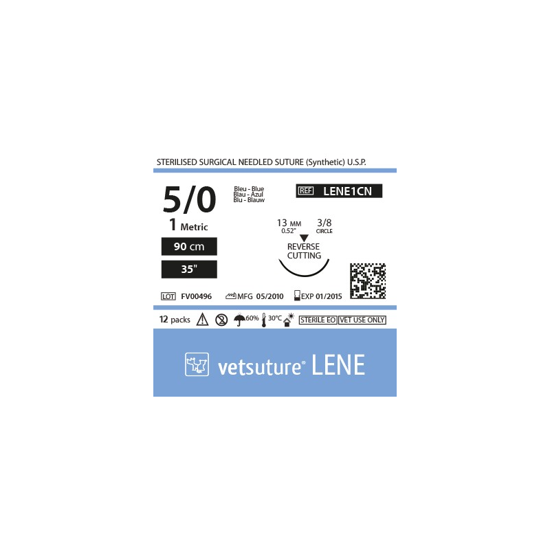 Vetsuture LENE metric 1 (USP 5/0) 90cm - Aiguille courbe 3/8 13mm Reverse Cutting Point