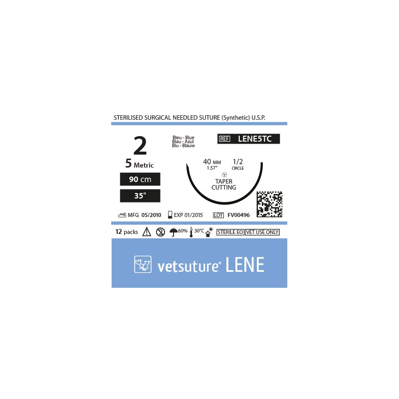 image: Vetsuture LENE metric 5 (USP 2) 90cm   -  Curved needle 1/2 40mm Tapper  Point