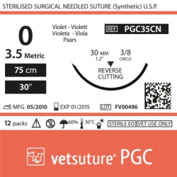 image: vetsuture PGC metric 3,5 (USP 0) 90cm violet  -  Aiguille courbe 3/8 30mm Reverse Cutting Point