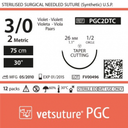 image: vetsuture PGC metric 2 (USP 3/0) 90cm violet  -  Aiguille courbe 1/2 26mm Tapper Cutting Point