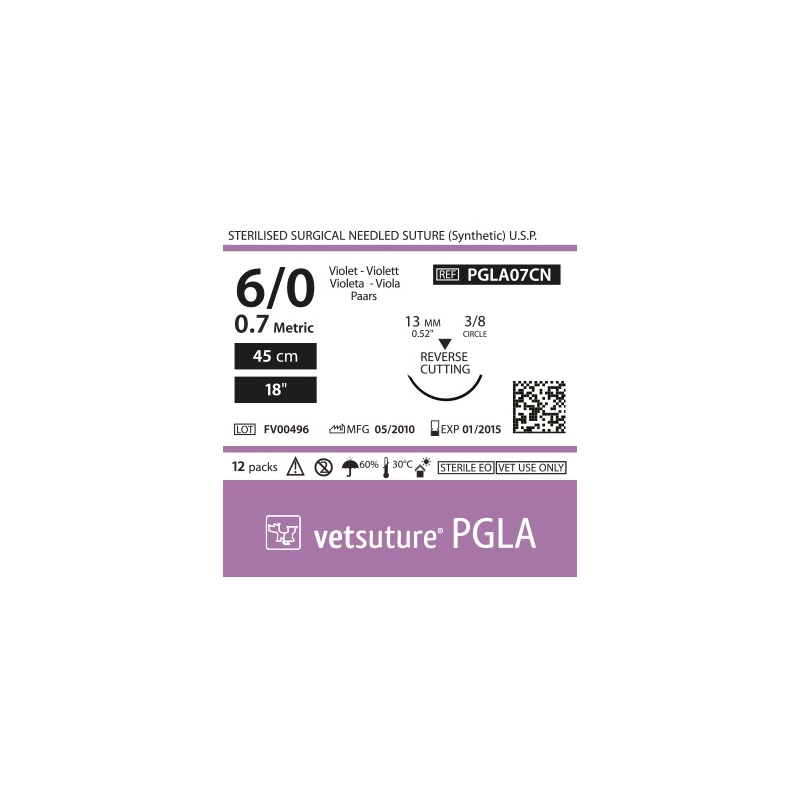 Vetsuture PGLA metric 0.7 (USP 6/0) 45cm - Aiguille courbe 3/8 13mm Reverse Cutting Point