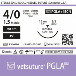 Vetsuture PGLA+ antibacterien metric 1.5 (USP 4/0) 90cm - Curved needle 3/8 19mm Reverse Cutting Point