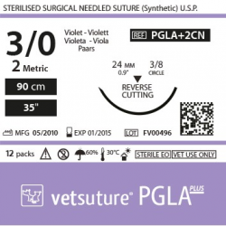 Vetsuture PGLA+ antibacterien metric 2 (USP 3/0) 90cm - Curved needle 3/8 24mm Reverse Cutting Point