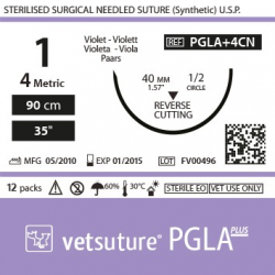 Vetsuture PGLA+ antibacterien metric 4 (USP 1) 90cm - Curved needle 1/2 40mm Reverse Cutting Point