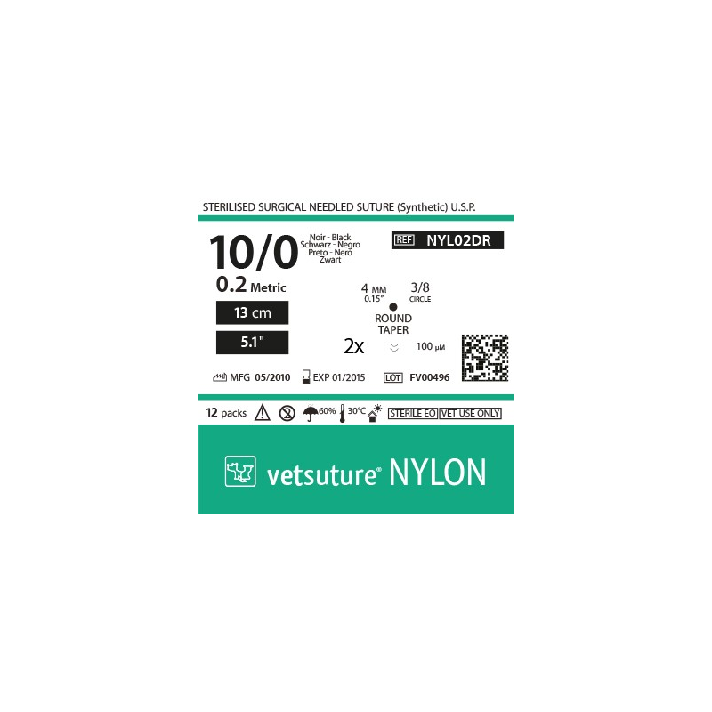 image: NYLON met 0.2 - USP 10/0 - 13cm - 5" - 2x Taper point 3/8 4.0mm (0.15") 100µm