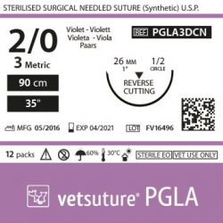 Vetsuture PGLA metric 3 (USP 2/0) 90cm - Aiguille courbe 1/2 26mm Reverse Cutting Point