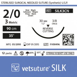 Vetsuture SILK metric 3 (USP 2/0) 90cm - Aiguille courbe 3/8 30mm Reverse Cutting Point