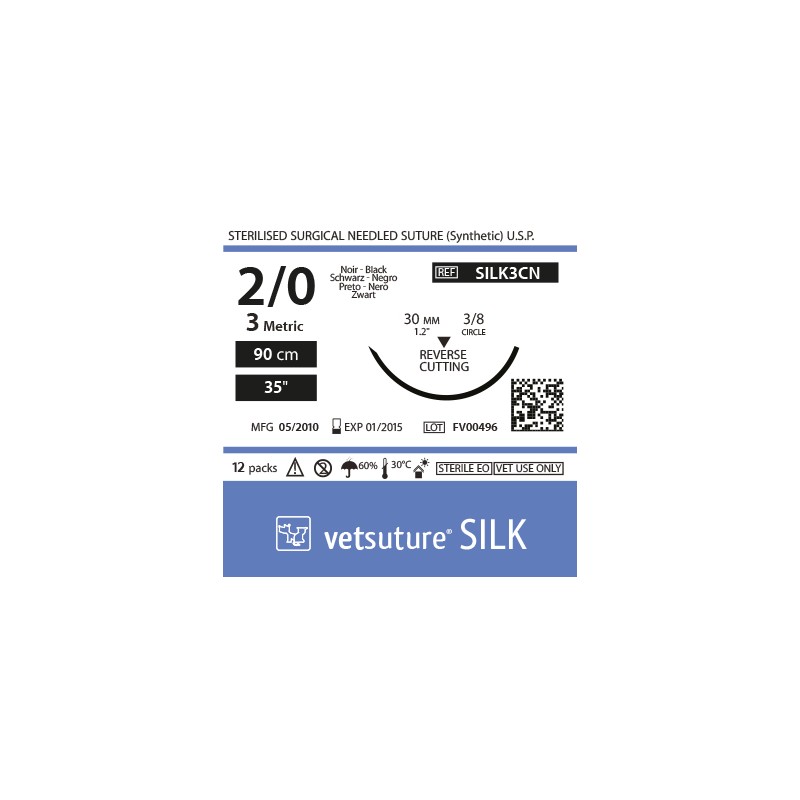 Vetsuture SILK metric 3 (USP 2/0) 90cm - Aiguille courbe 3/8 30mm Reverse Cutting Point