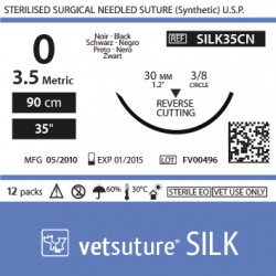 Vetsuture SILK metric 3.5 (USP 0) 90cm - Aiguille courbe 3/8 30mm Reverse Cutting Point