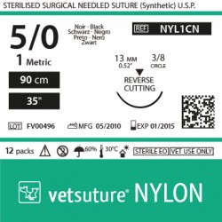 vetsuture NYLON metric 1 (USP 5/0) 90cm - Aiguille courbe 3/8 13mm Reverse Cutting Point