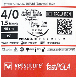 Vetsuture fastPGLA metric 1,5 (USP 4/0) 90cm - Aiguille courbe 3/8 19mm Reverse Cutting Point