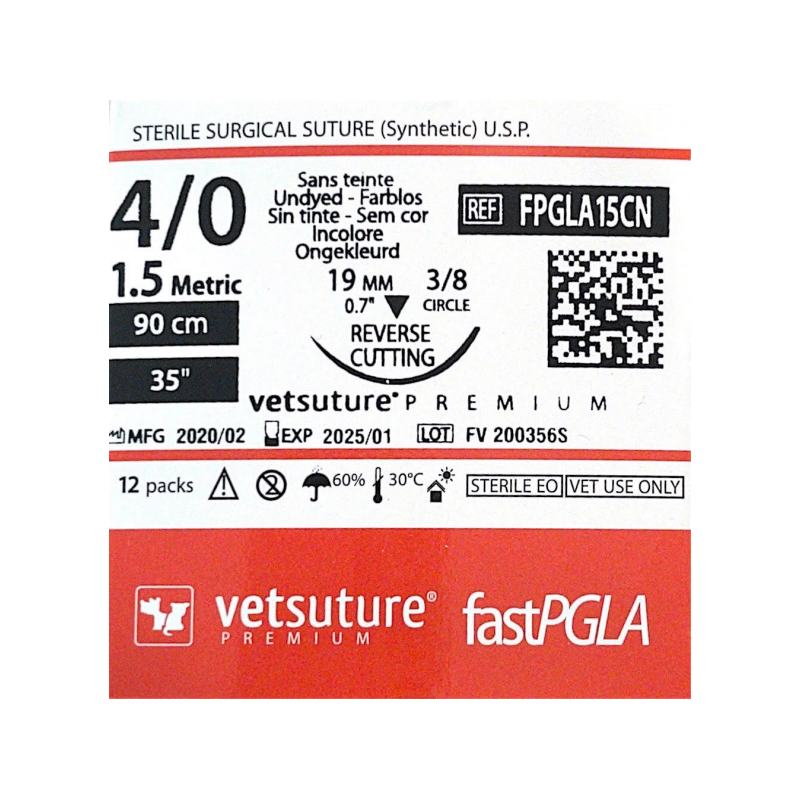 Vetsuture fastPGLA metric 1,5 (USP 4/0) 90cm - Aiguille courbe 3/8 19mm Reverse Cutting Point