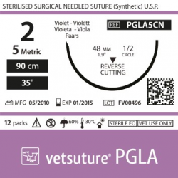 Vetsuture PGLA metric 5 (USP 2) 90cm - Aiguille courbe 1/2 48mm Reverse Cutting Point