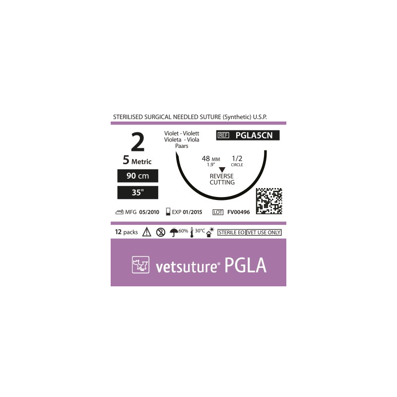 Vetsuture PGLA metric 5 (USP 2) 90cm - Aiguille courbe 1/2 48mm Reverse Cutting Point